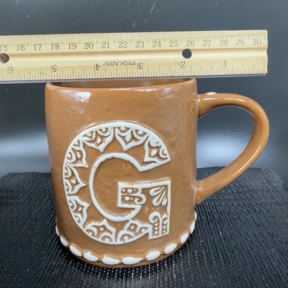 Pottery‎ Barn Gingerbread Stoneware Alphabet Letter G Mug Cup Matte Brown 15 Oz